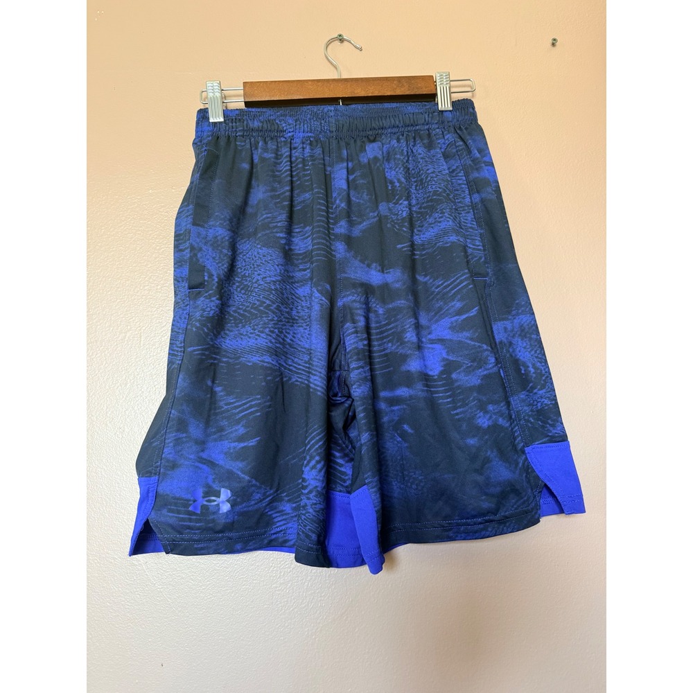 Under Armour Mens Small Blue Camo HeatGear Basketball Athletic Shorts Pockets 8"
